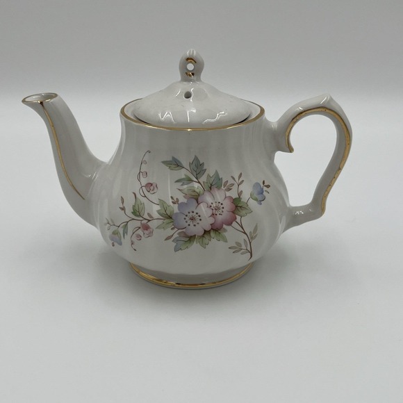 Royal Oak Other - Royal Oak Mini Teapot White Floral Porcelain Gold Trim Ribbed Small Tea Pot